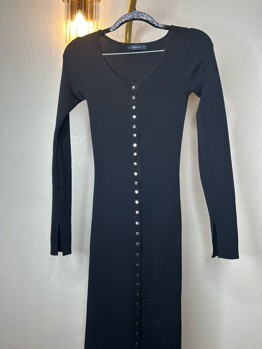 Zara Black Ribbed Long-Sleeve Snap-Front Dress